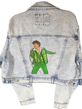 Custom-embroidered cropped denim jacket, size XL featuring Bruno Mars on back